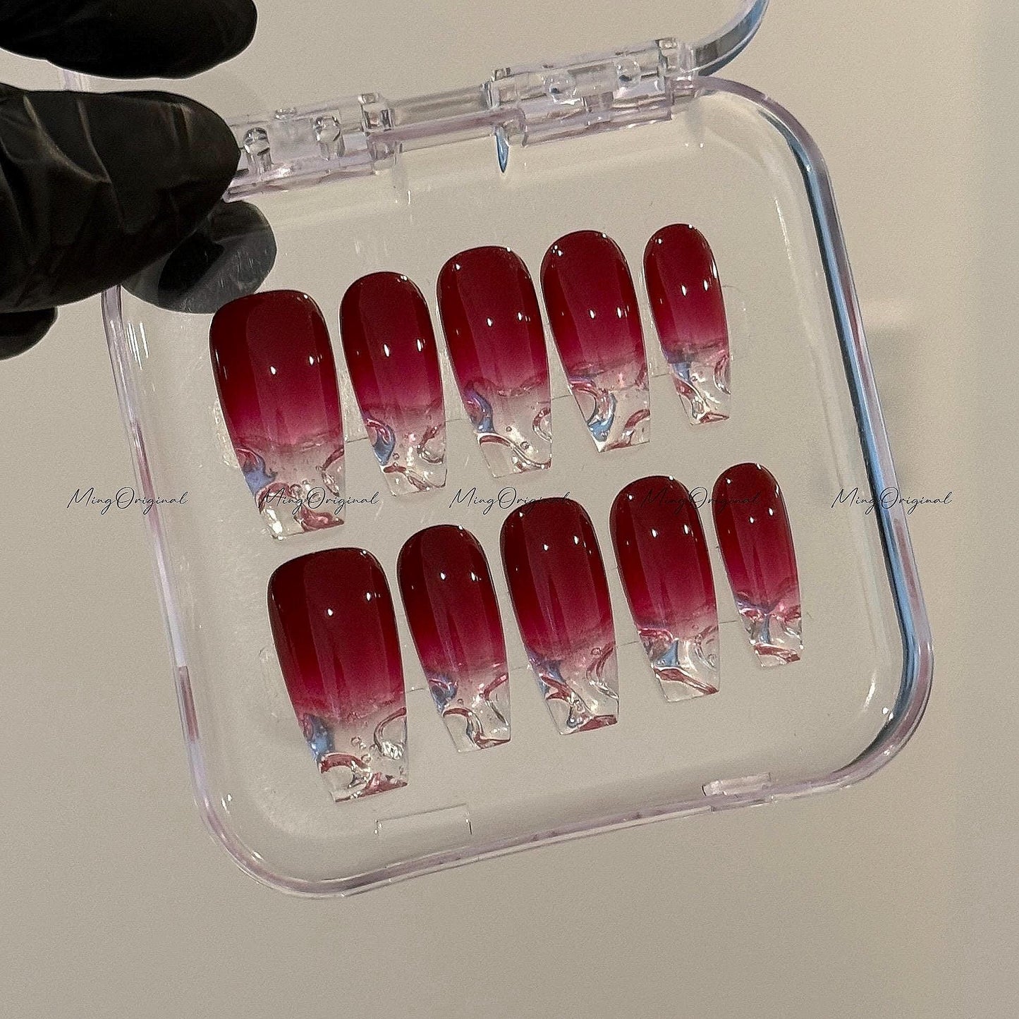 Water encapsulated Red Ombre Gradient Faded clear Press on Nails, transparent tip nail, 3d Fake nails, Exclusive Edition,gift for her, MO570