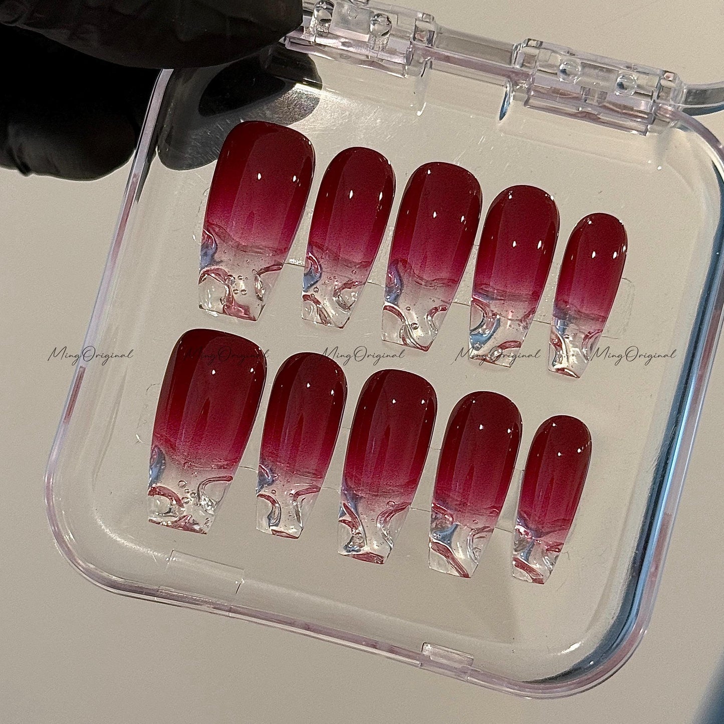 Water encapsulated Red Ombre Gradient Faded clear Press on Nails, transparent tip nail, 3d Fake nails, Exclusive Edition,gift for her, MO570
