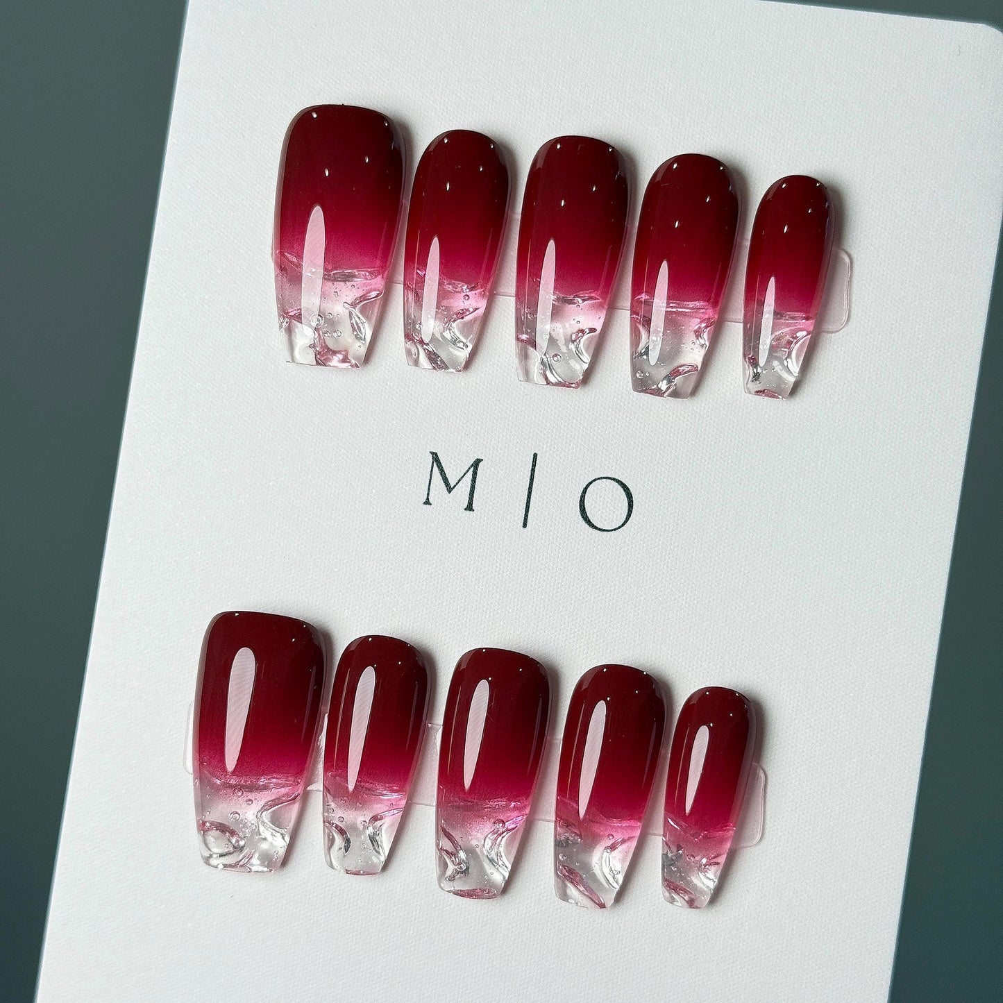 Water encapsulated Red Ombre Gradient Faded clear Press on Nails, transparent tip nail, 3d Fake nails, Exclusive Edition,gift for her, MO570
