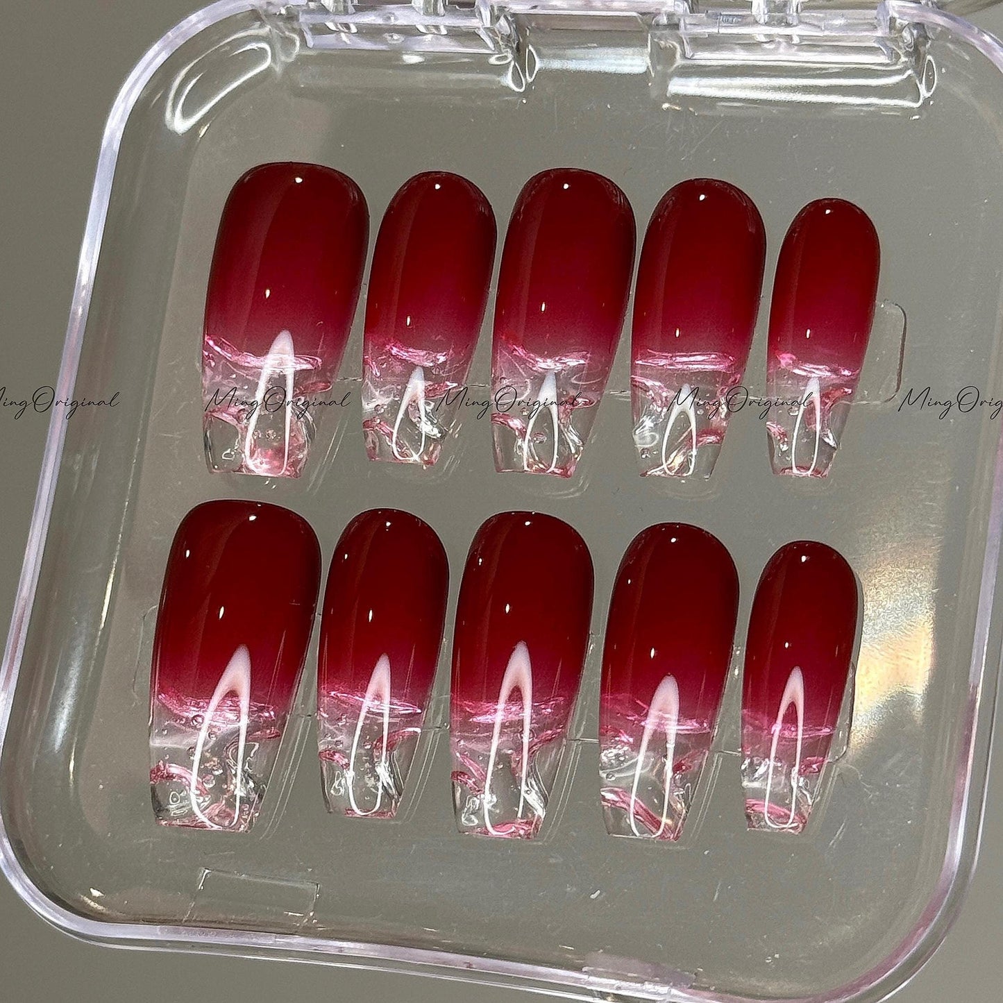 Water encapsulated Red Ombre Gradient Faded clear Press on Nails, transparent tip nail, 3d Fake nails, Exclusive Edition,gift for her, MO570