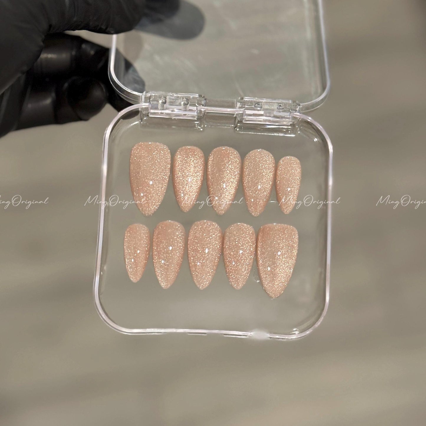 Simple nude cat eye, all occasions magnetic cat eye press on nails, semitransparent reuse nails, glitter fake nail, everyday nail, MO571