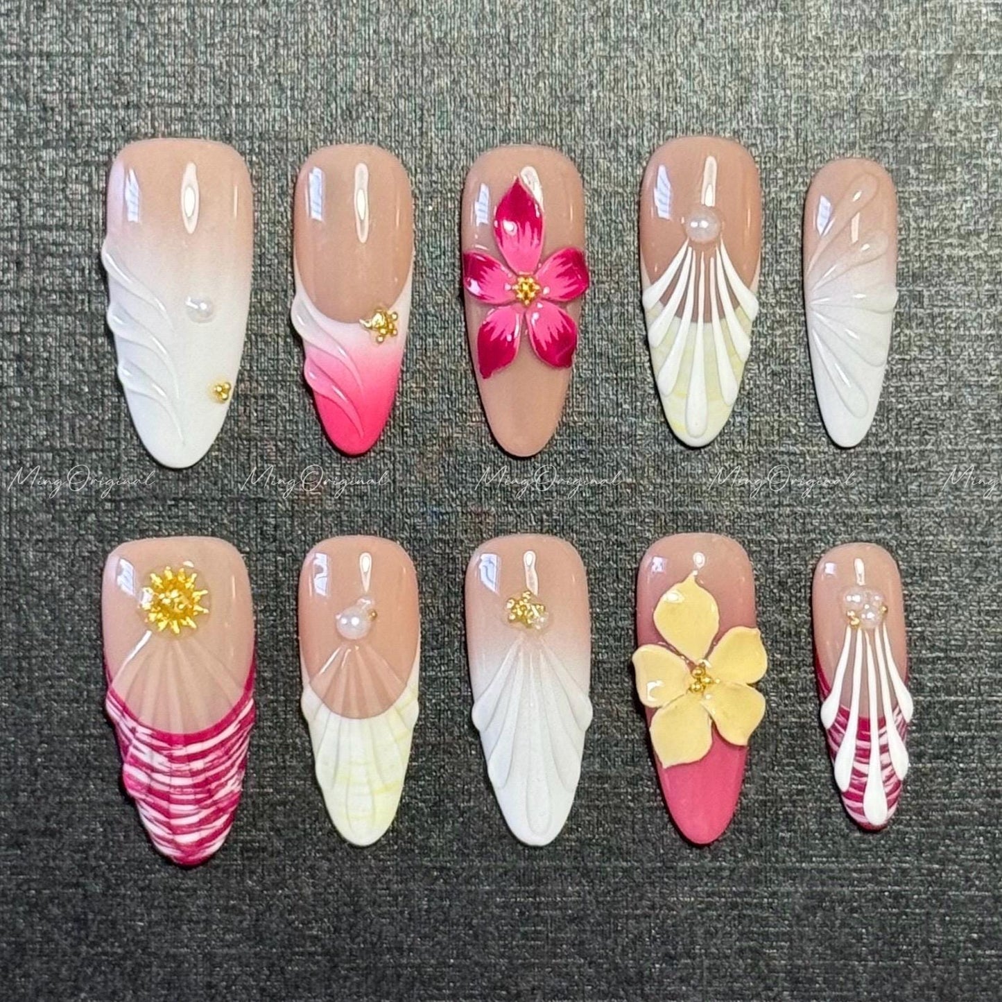 Blossom Veil Sculpted Floral Press On Nails, 3D Cherry Blossom Design, Pink and Nude French Draping, Fairycore Tropical summer nail, MO574