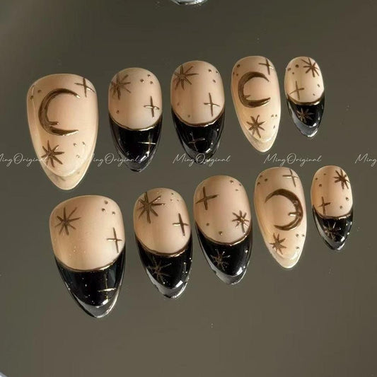 Raw handcrafted style Moon and Star Gold chrome nude Press on Nails, French tip hand painted free style fake Nails, MO575