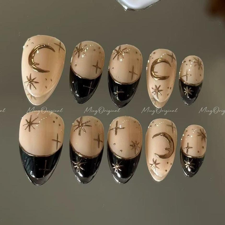 Raw handcrafted style Moon and Star Gold chrome nude Press on Nails, French tip hand painted free style fake Nails, MO575