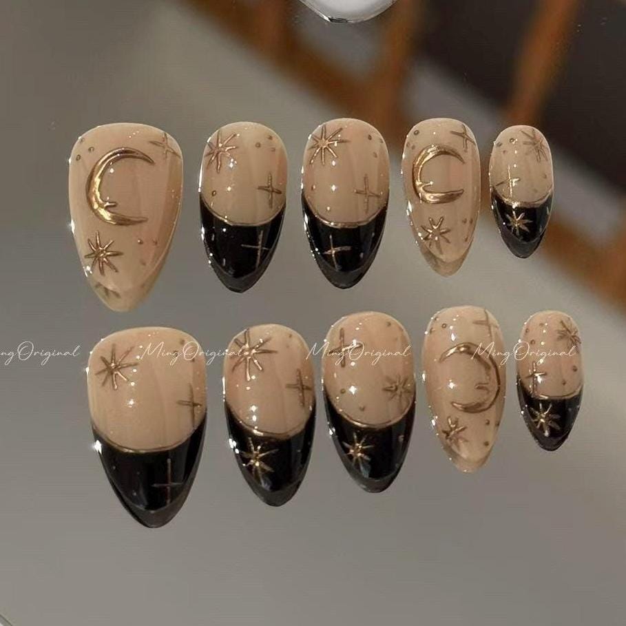 Raw handcrafted style Moon and Star Gold chrome nude Press on Nails, French tip hand painted free style fake Nails, MO575