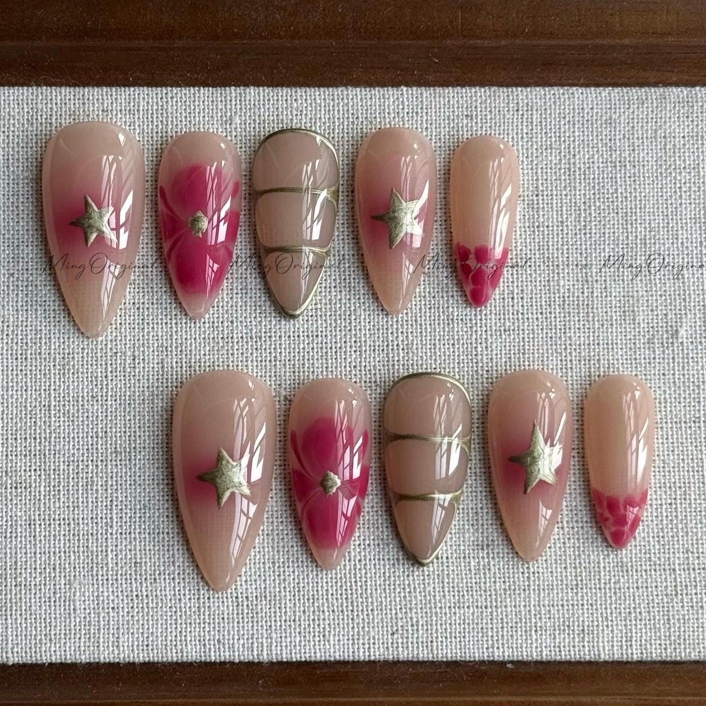 Pink blossom water blooming flower Press on Nails, Gold Star soft Orchard Floral Nails, Nude Jelly Nails, vacation gift for her, MO545