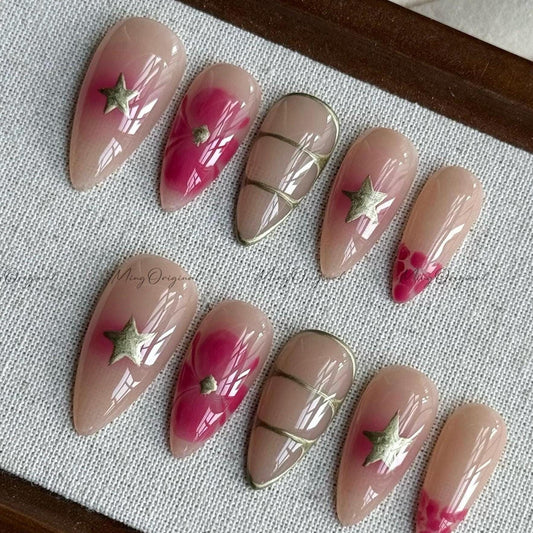 Pink blossom water blooming flower Press on Nails, Gold Star soft Orchard Floral Nails, Nude Jelly Nails, vacation gift for her, MO545