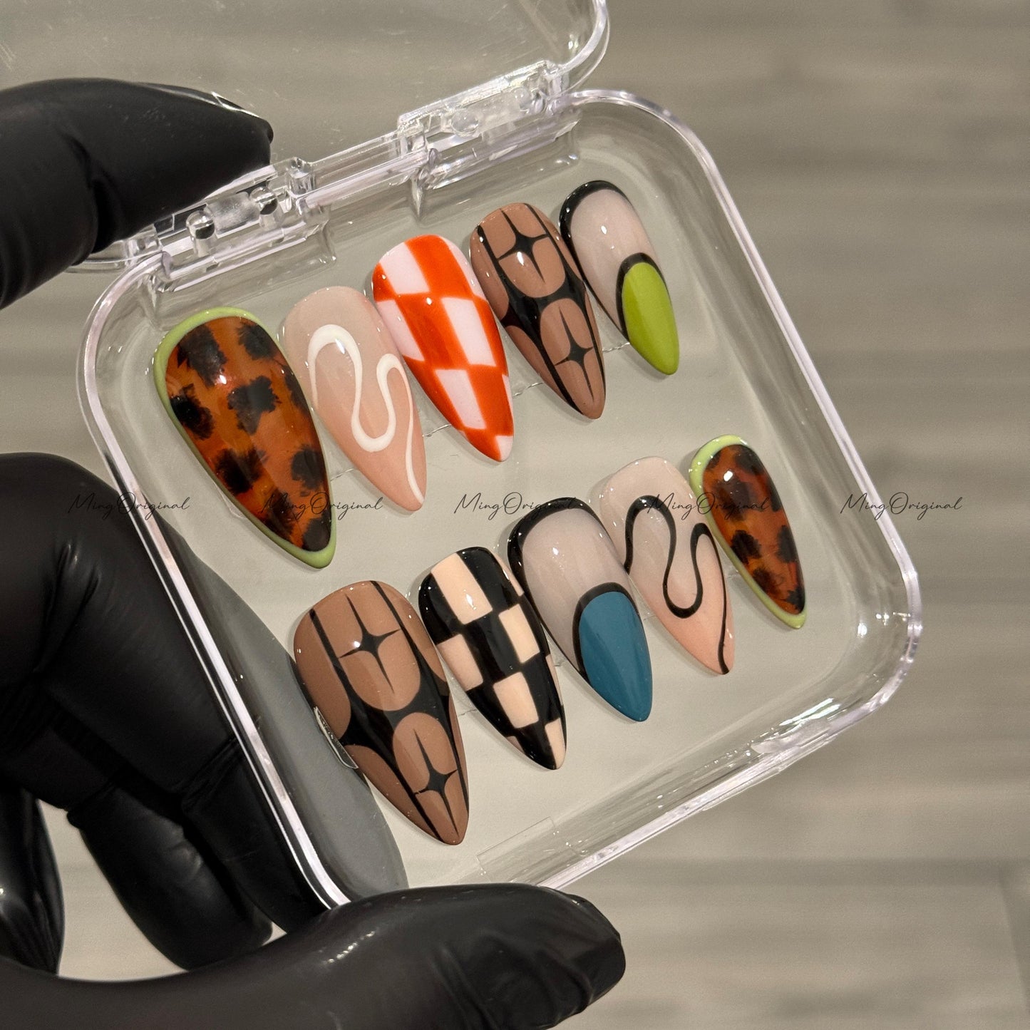 Funky Loop | Colorful Y2K Press On Nails, Abstract French Tips, Checkered & Tortoise Shell Design, Hand Painted Retro Nail Art, MO576