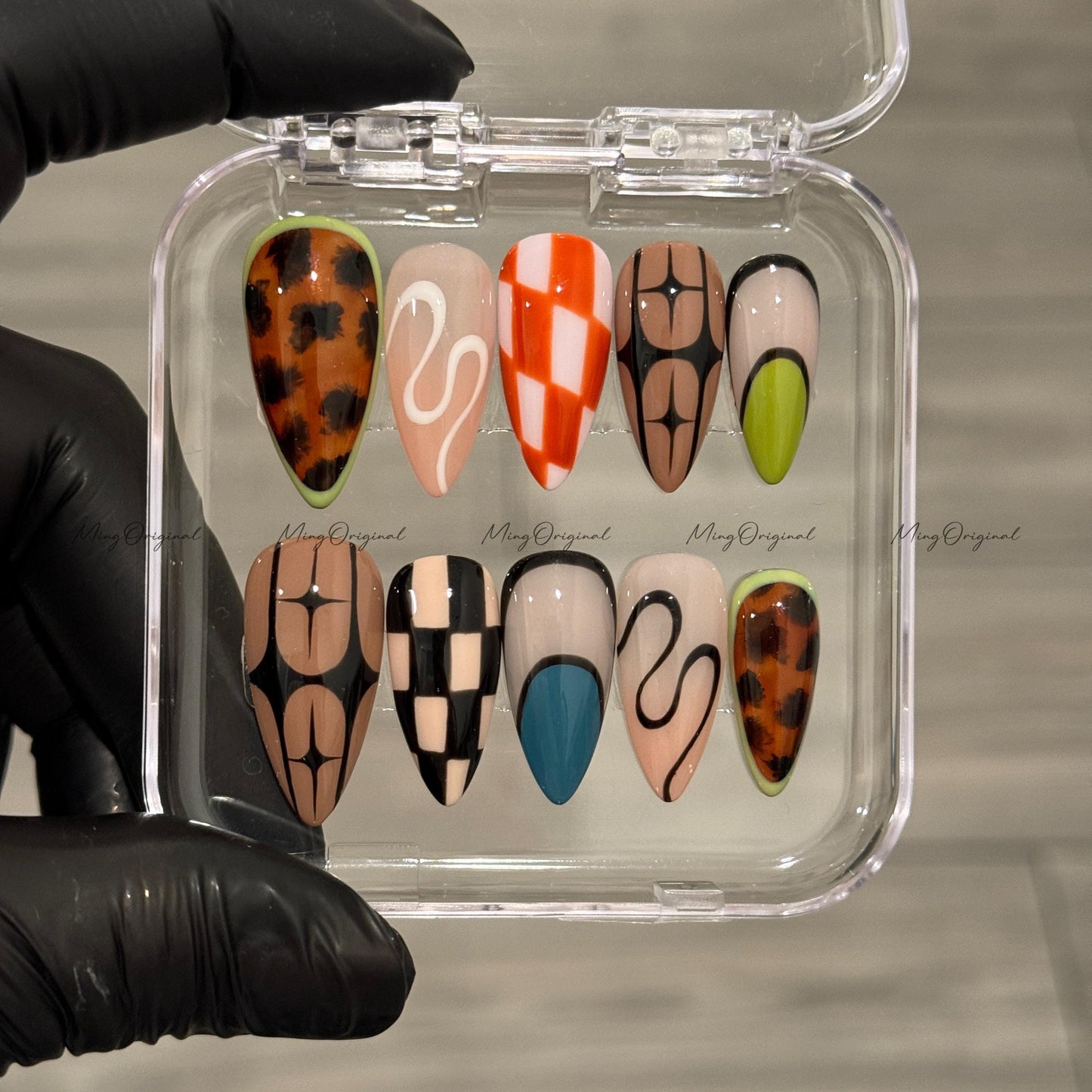 Funky Loop | Colorful Y2K Press On Nails, Abstract French Tips, Checkered & Tortoise Shell Design, Hand Painted Retro Nail Art, MO576