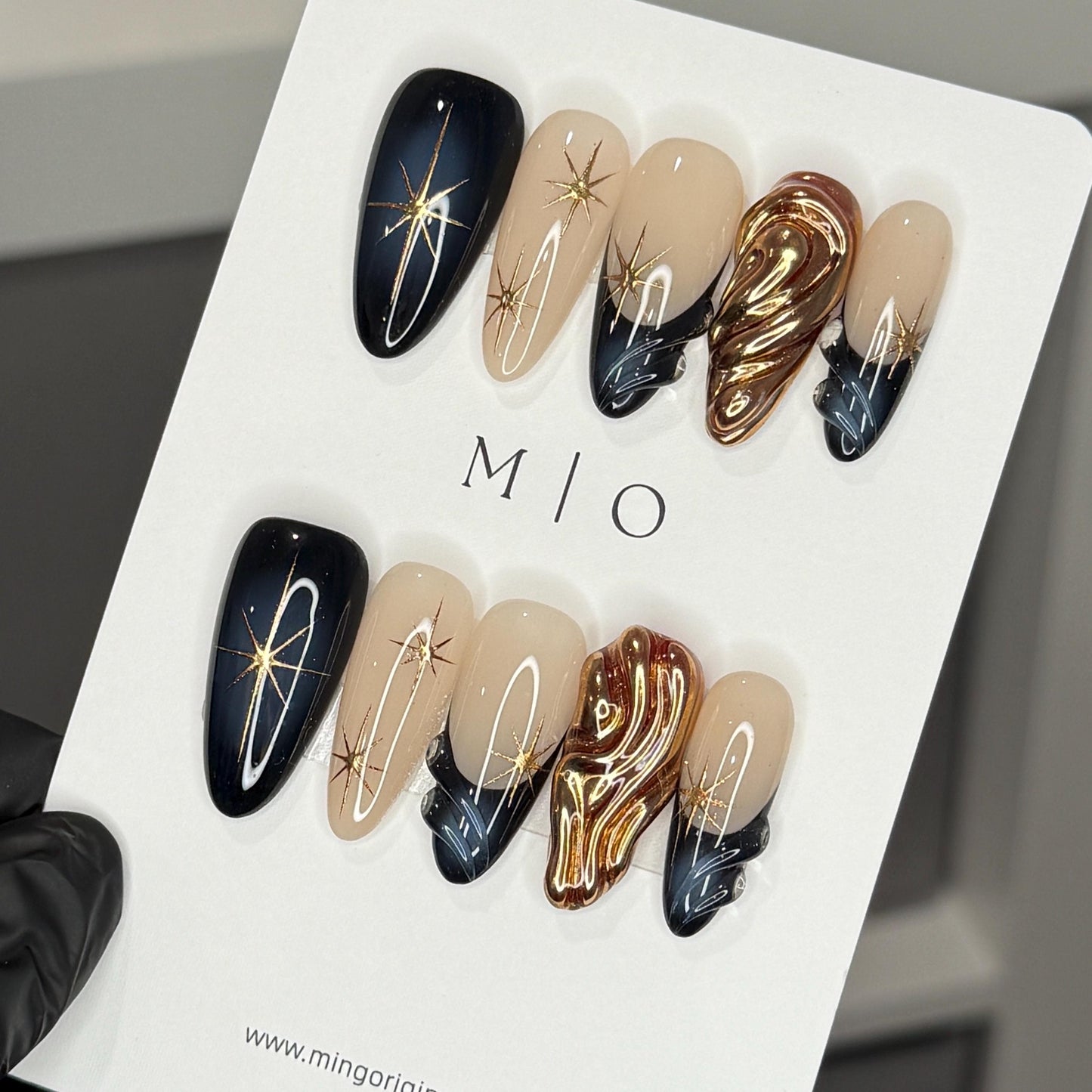 Midnight Ember | Celestial swirl nails, copper chrome flames, black aura sky, long almond, valentine vacation holiday gift for her,MO546