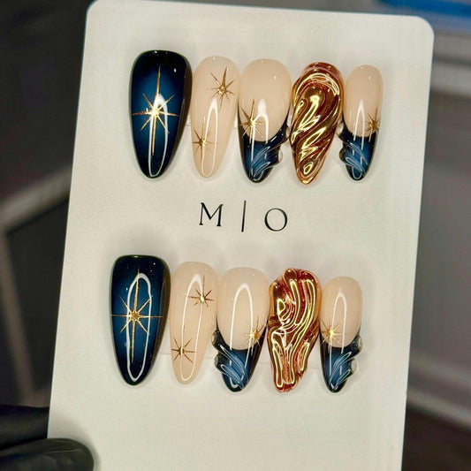 Midnight Ember | Celestial swirl nails, copper chrome flames, black aura sky, long almond, valentine vacation holiday gift for her,MO546