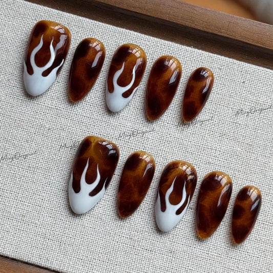 Classic Tortoise Shell with White Flame Amber water blooming Press on Nails, Jelly hand painted nail, fall winter nail,gift for her,MO547