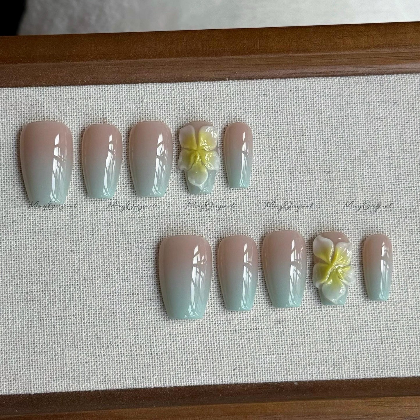 Mint Vibe summer Flower Press on Nails, Colorful ombre 3D nail, yellow flower, Spring Summer, vacation holiday gift for her MO538