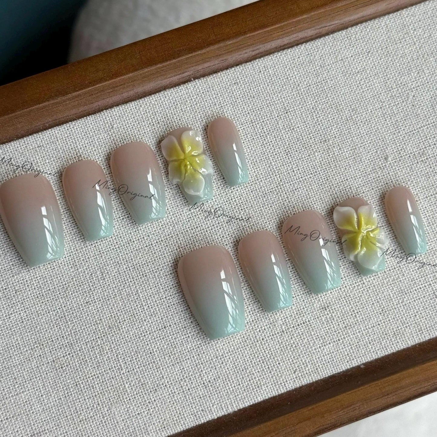 Mint Vibe summer Flower Press on Nails, Colorful ombre 3D nail, yellow flower, Spring Summer, vacation holiday gift for her MO538