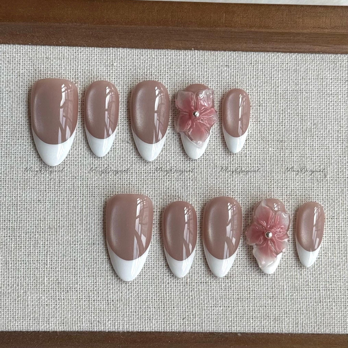 White French tip nude cateye press on nails, 3d double layered jelly flower Nails, classy nail design, birthday holiday gift for her MO536