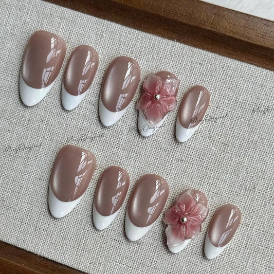 White French tip nude cateye press on nails, 3d double layered jelly flower Nails, classy nail design, birthday holiday gift for her MO536