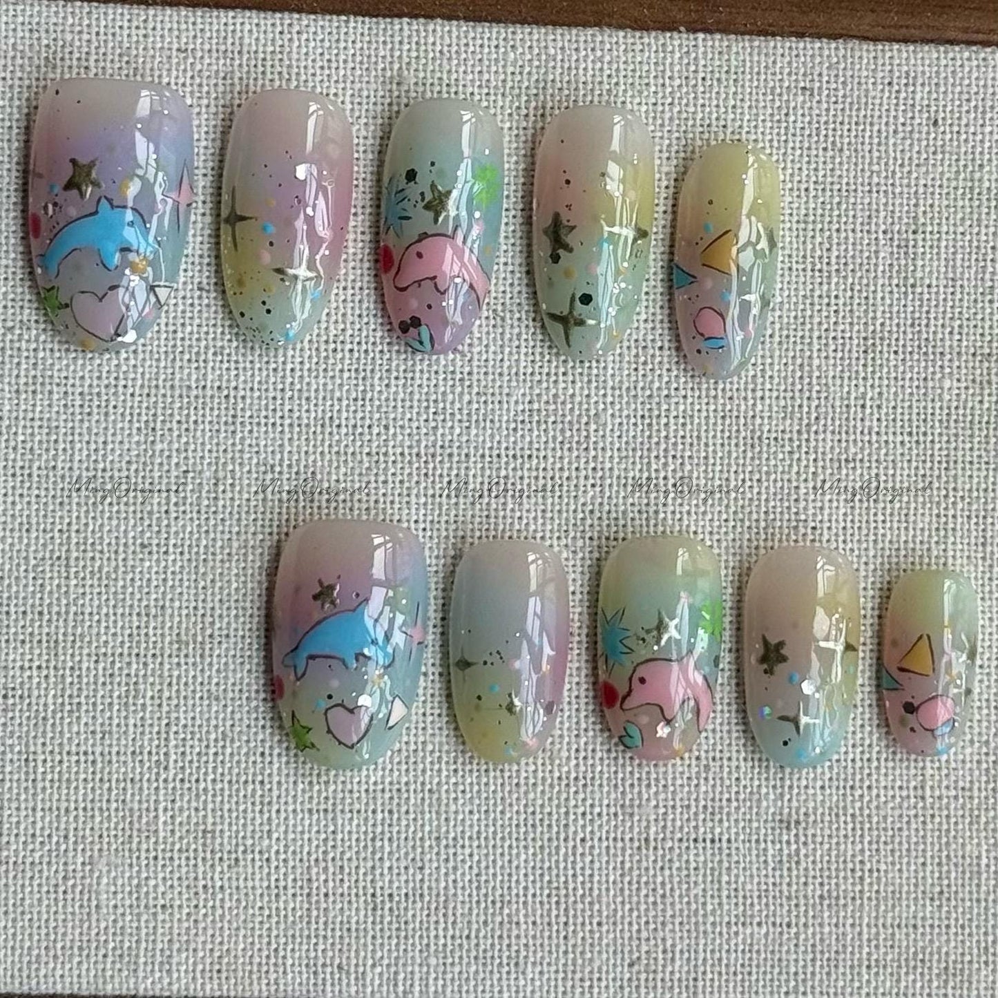 Dolphin Daydream | Dolphin nails, star and heart, pastel summer nails, cartoon press ons, kawaii nail art, fun cute nails,gift for her MO549