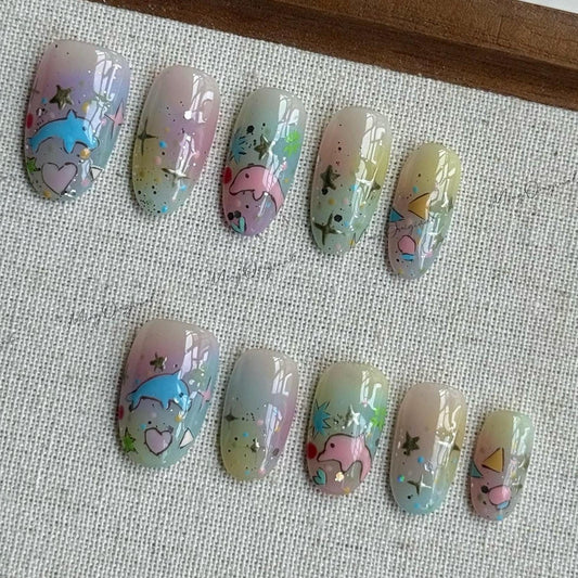 Dolphin Daydream | Dolphin nails, star and heart, pastel summer nails, cartoon press ons, kawaii nail art, fun cute nails,gift for her MO549