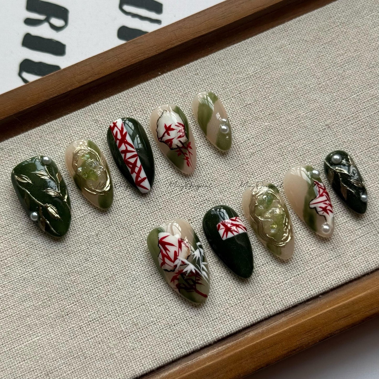 Kyoto Wind | Japanese style press on nails, hand-painted green bamboo maple design, elegant gold leaf pearl accents, gift for her MO551