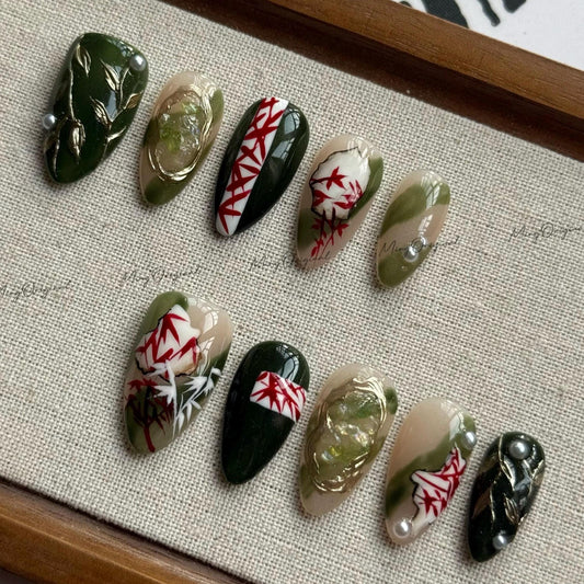 Kyoto Wind | Japanese style press on nails, hand-painted green bamboo maple design, elegant gold leaf pearl accents, gift for her MO551