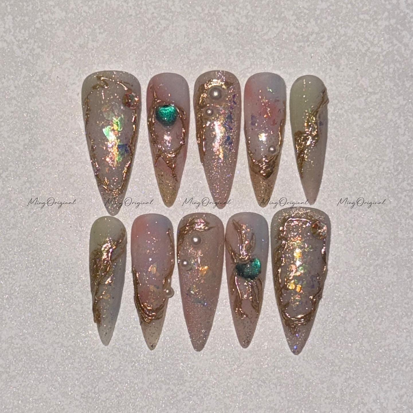 Luna Dew pastel soft shimmer press on nails, dreamy pearl gold foil detail art nail, ethereal neutral romantic design, gift for her MO516