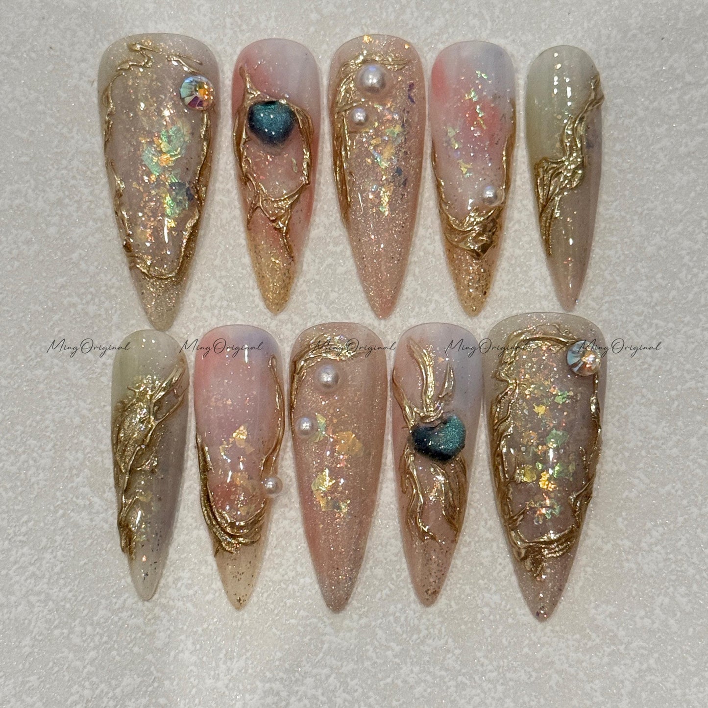 Luna Dew pastel soft shimmer press on nails, dreamy pearl gold foil detail art nail, ethereal neutral romantic design, gift for her MO516