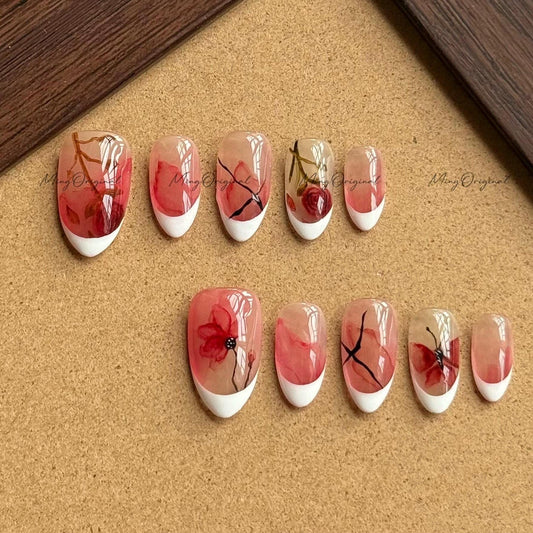 Water color Red Rose Flowerand butterfly art nail, French tip nail, premium salon Press on Nail, Handmade gel Nails, hand painted MO577
