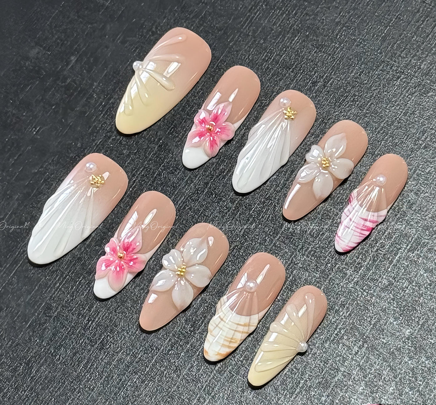 Pink 3D sculptured flower Press on Nails, Yellow Mermaid Seashell Nails, Clear Orchard Floral Nails, Jelly Nails, glue on nails,MO552