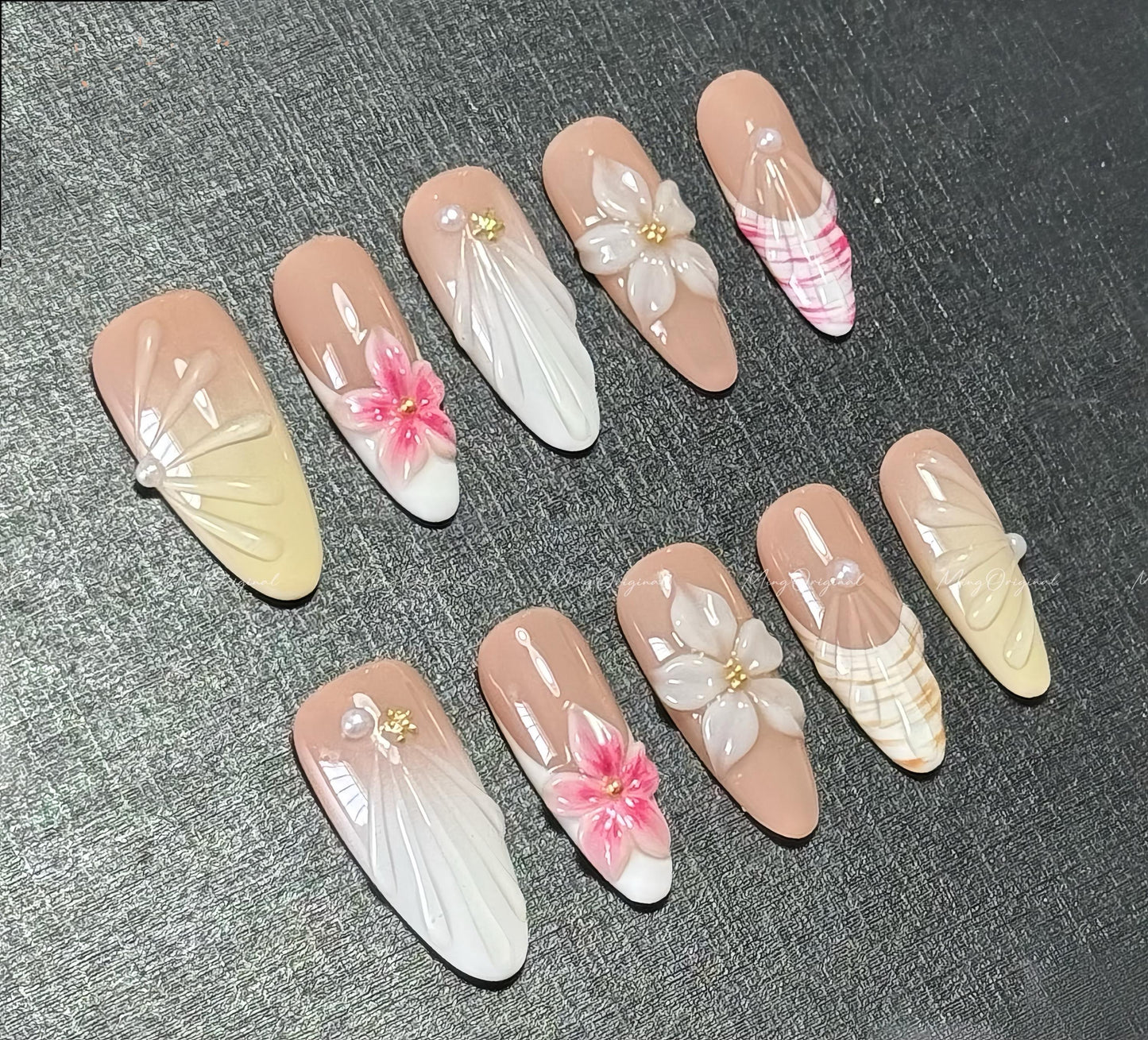 Pink 3D sculptured flower Press on Nails, Yellow Mermaid Seashell Nails, Clear Orchard Floral Nails, Jelly Nails, glue on nails,MO552