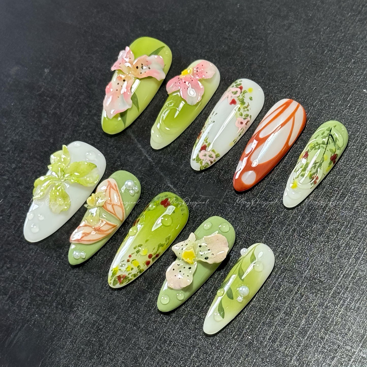 Orchid Whimsy 3D orchid press on nails, pastel green floral butterfly and leaf nail art, spring garden fantasy nails, nature inspired MO553