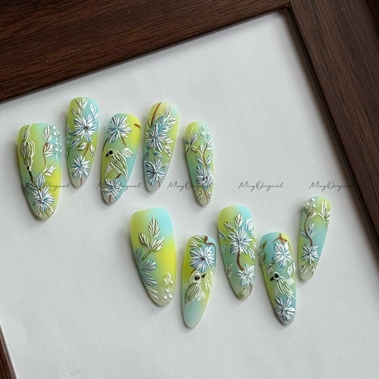 Embroidered Meadow | Embroidery style press ons, hand-painted daisies and bird, pastel gradient, 3D floral design, spring garden vibes MO554