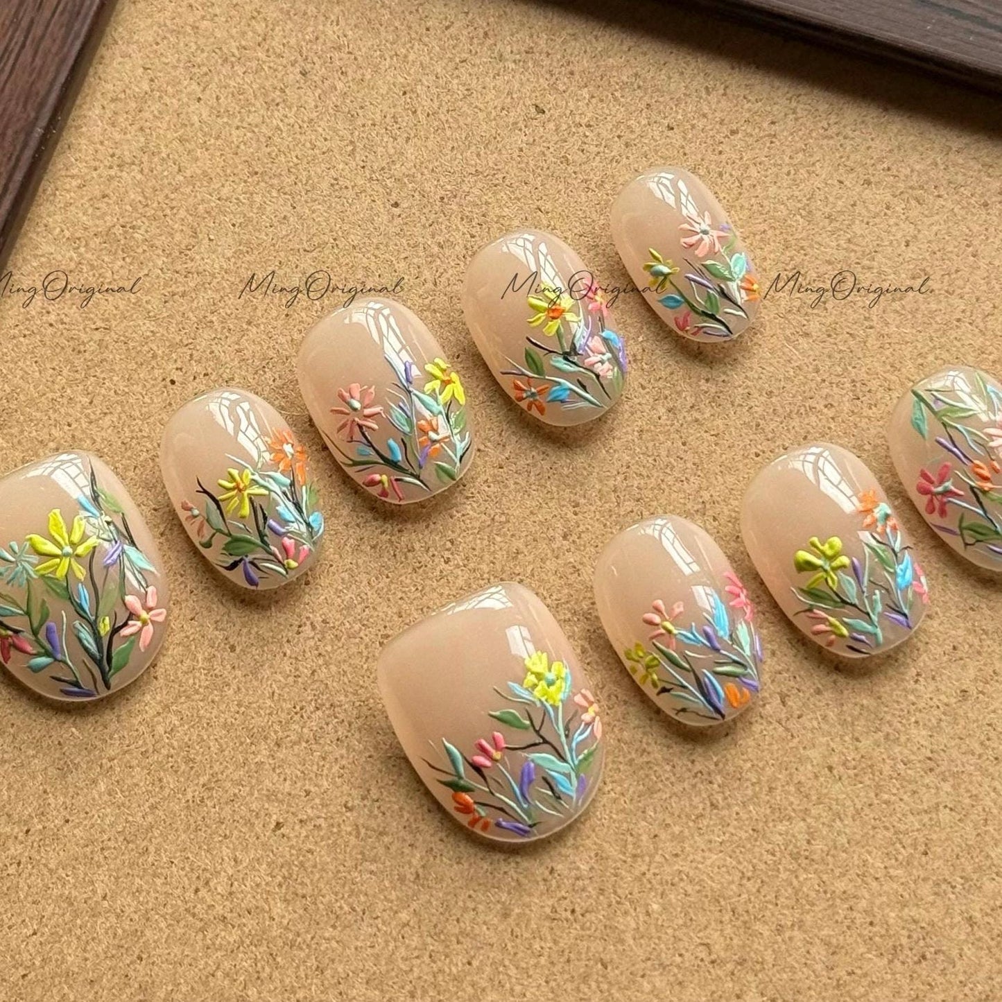 Blooming wild little daisy flower Press on Nails, handpainted oil painting style floral Nails, Handmade Gel Nails, bridal wedding nail,MO579