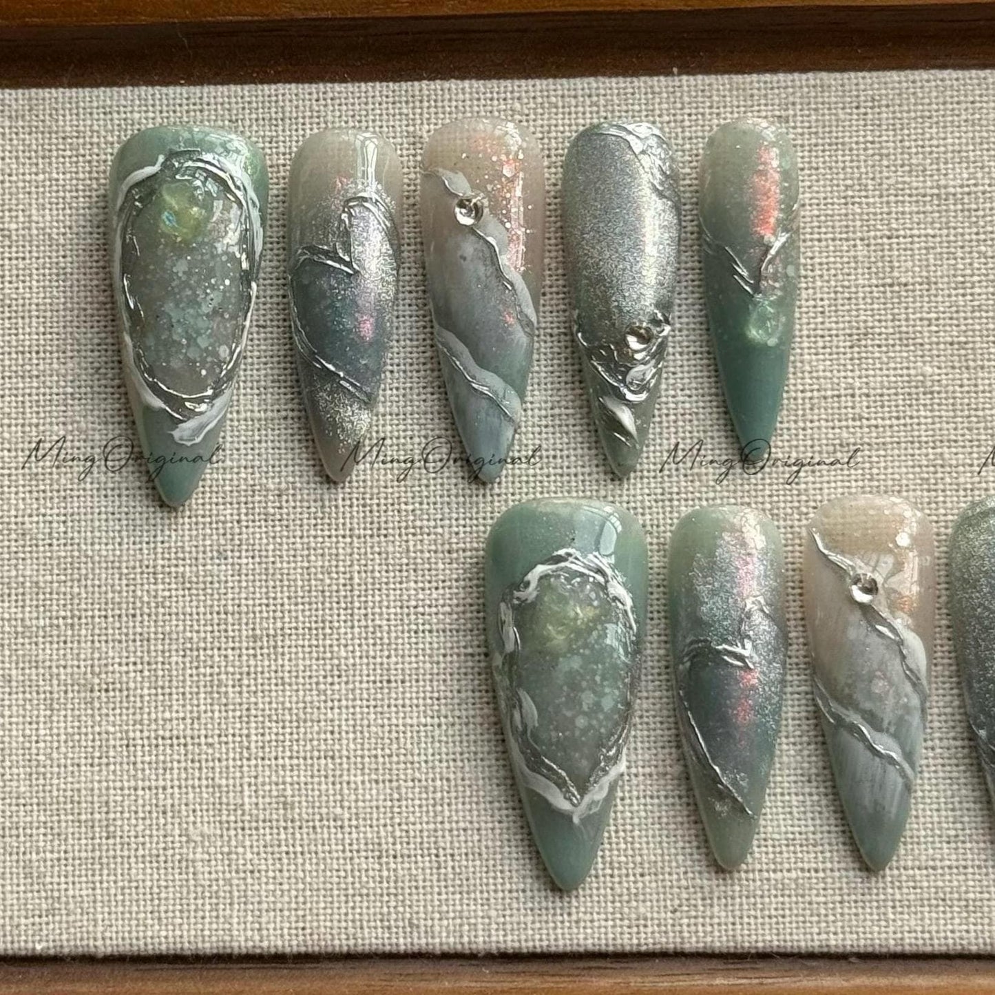 Moonstone Current Art press on nail, nail artist fake nails, heart and pendant ethereal shimmer press ons, sculpted gel nail art,MO580