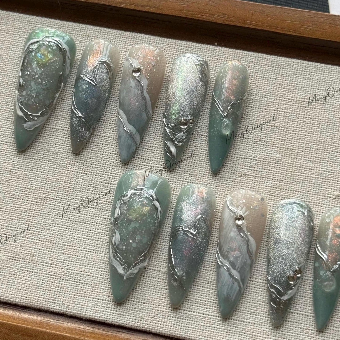 Moonstone Current Art press on nail, nail artist fake nails, heart and pendant ethereal shimmer press ons, sculpted gel nail art,MO580