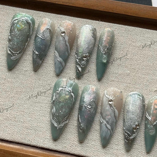Moonstone Current Art press on nail, nail artist fake nails, heart and pendant ethereal shimmer press ons, sculpted gel nail art,MO580