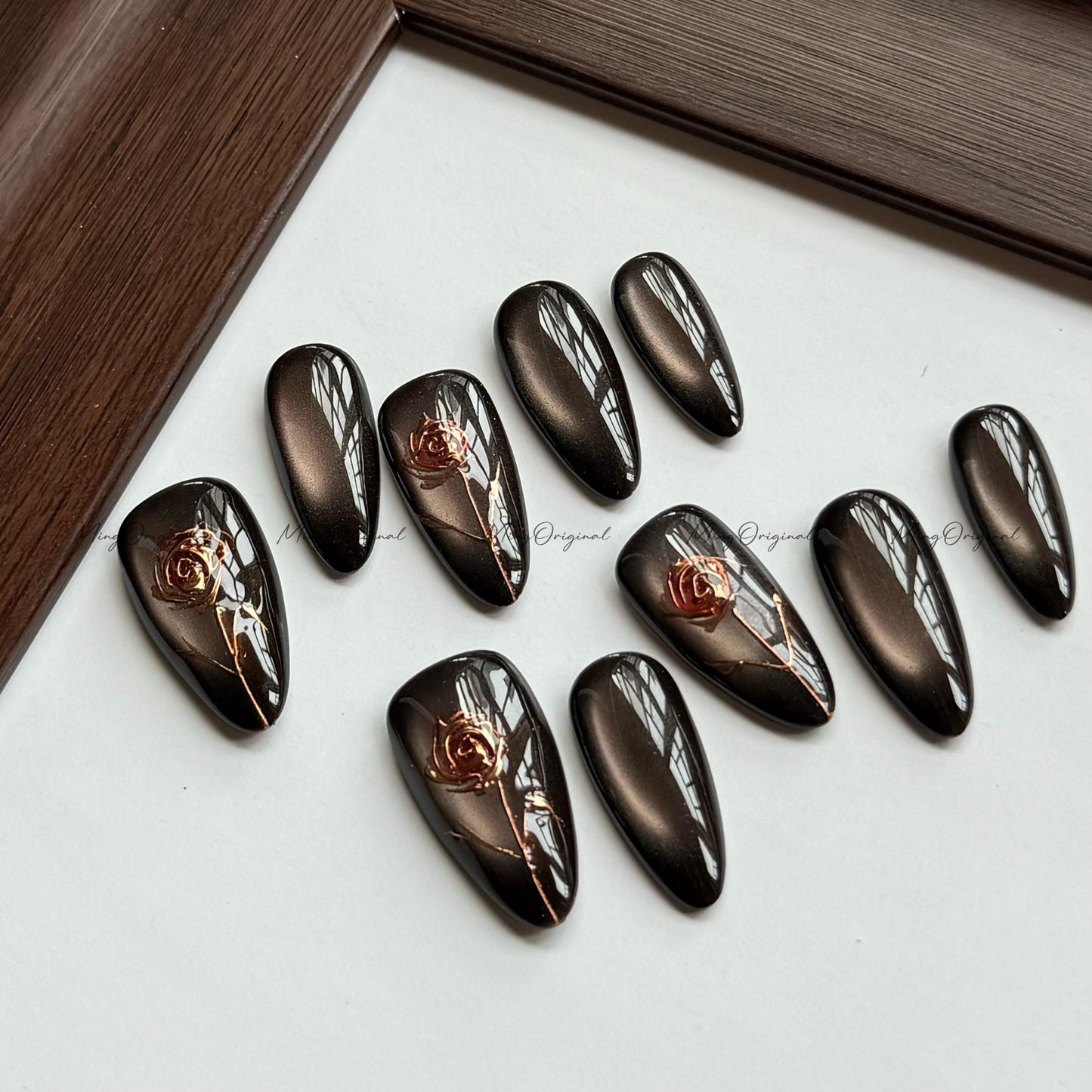 Gold rose embedded press on nails, black cat eye red rose gold chrome nails, elegant art nail, floral design, gift for mother, MO555