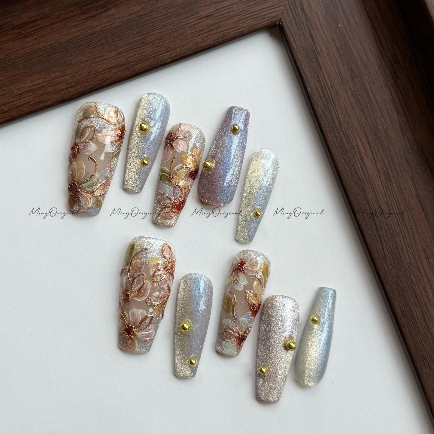 Pressed Floral in Bloom, Hand-painted 3D flowers, cateye shimmer nail, gold accents, Japanese art nails, gift for Christmas,MO556
