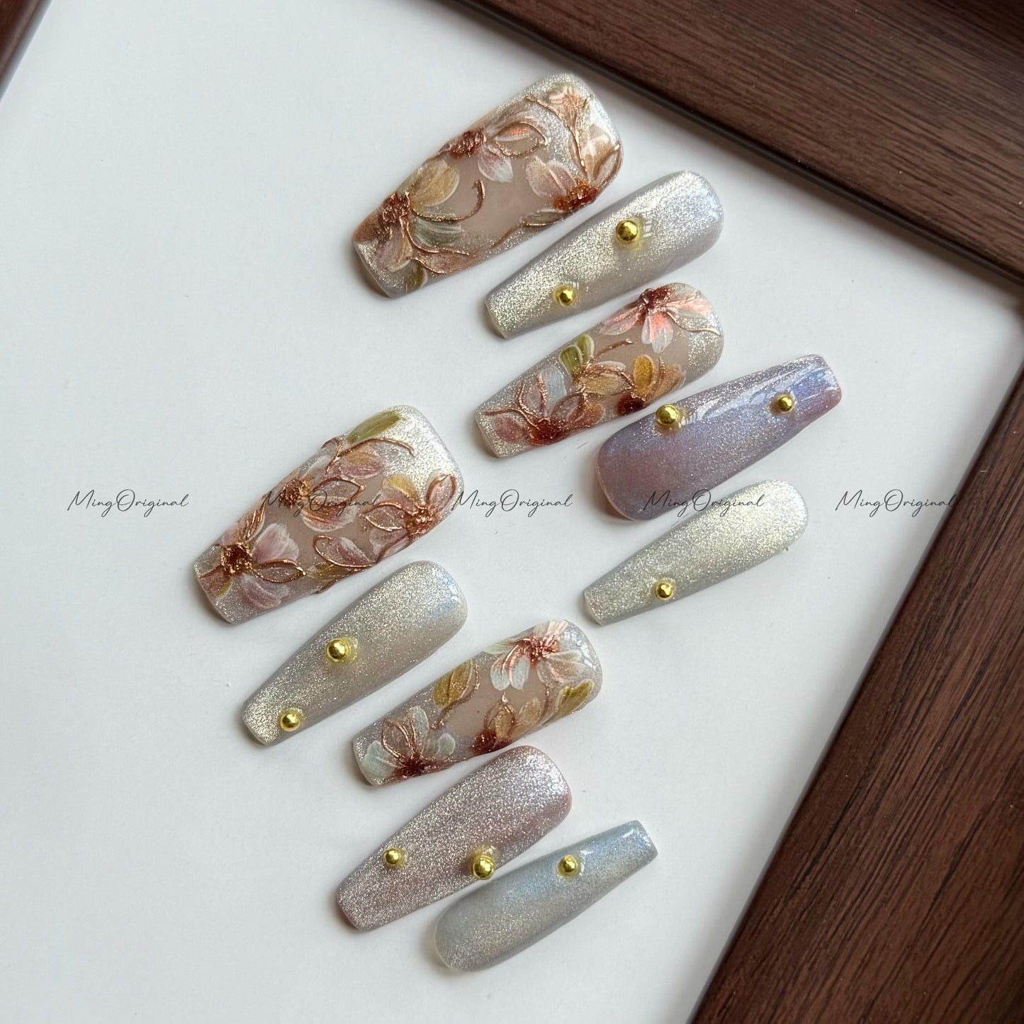 Pressed Floral in Bloom, Hand-painted 3D flowers, cateye shimmer nail, gold accents, Japanese art nails, gift for Christmas,MO556