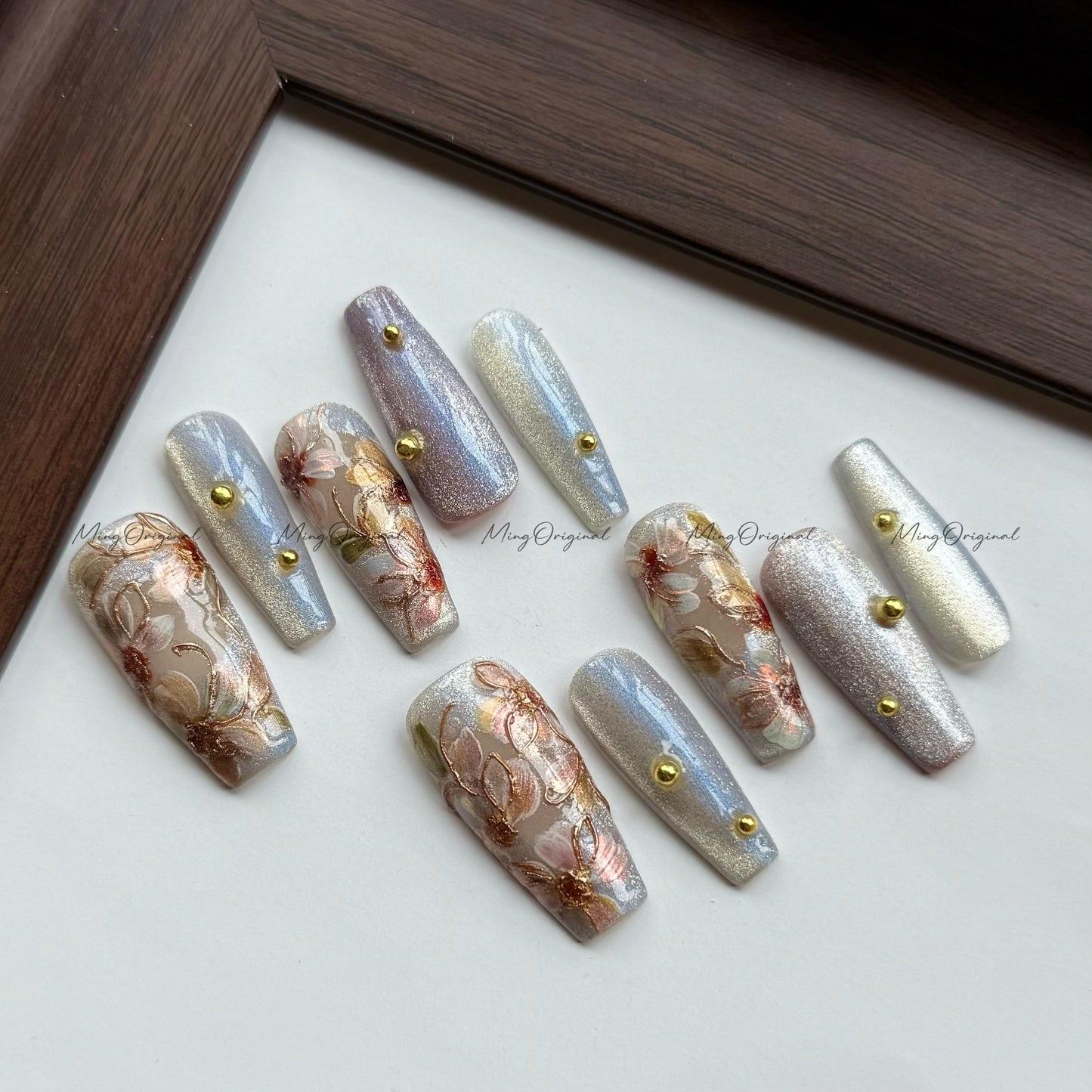Pressed Floral in Bloom, Hand-painted 3D flowers, cateye shimmer nail, gold accents, Japanese art nails, gift for Christmas,MO556