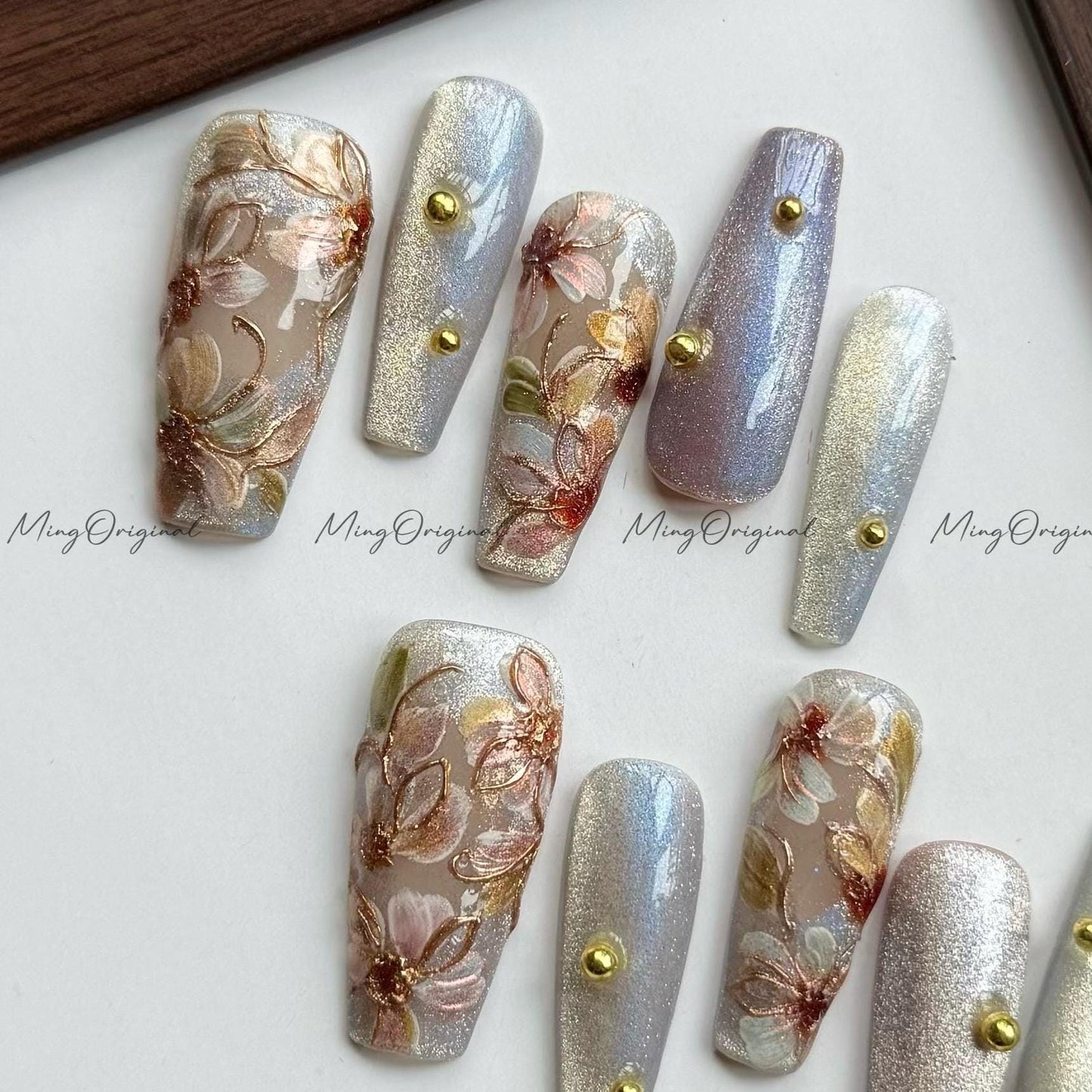 Pressed Floral in Bloom, Hand-painted 3D flowers, cateye shimmer nail, gold accents, Japanese art nails, gift for Christmas,MO556