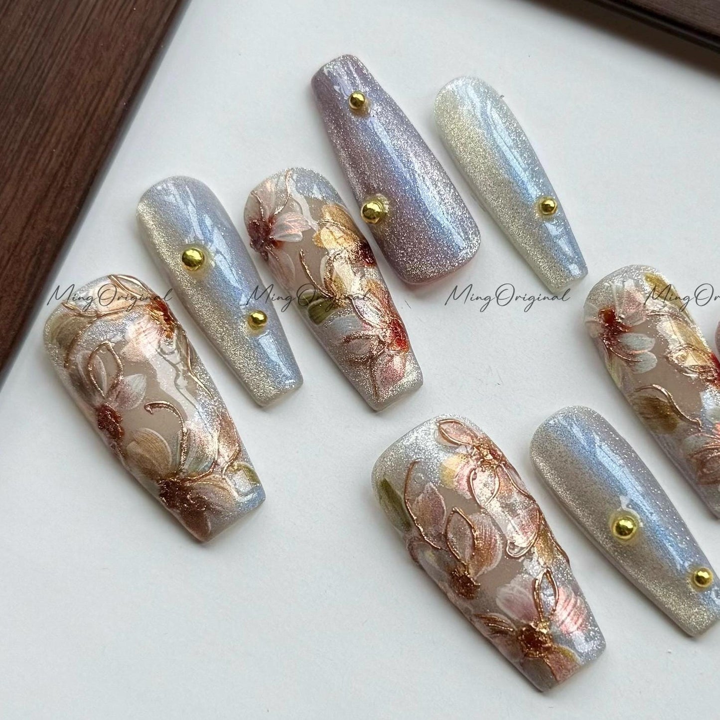 Pressed Floral in Bloom, Hand-painted 3D flowers, cateye shimmer nail, gold accents, Japanese art nails, gift for Christmas,MO556
