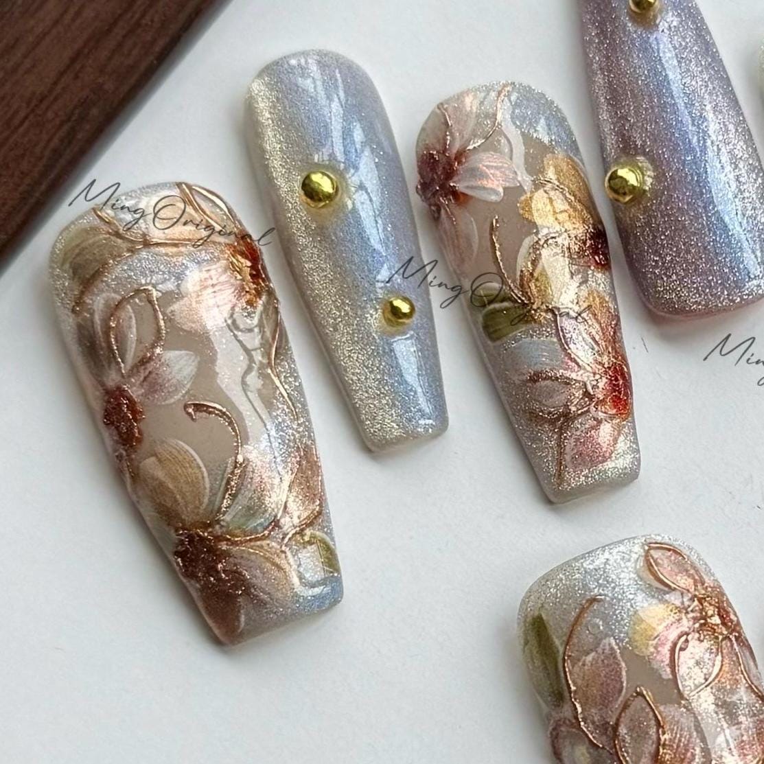 Pressed Floral in Bloom, Hand-painted 3D flowers, cateye shimmer nail, gold accents, Japanese art nails, gift for Christmas,MO556