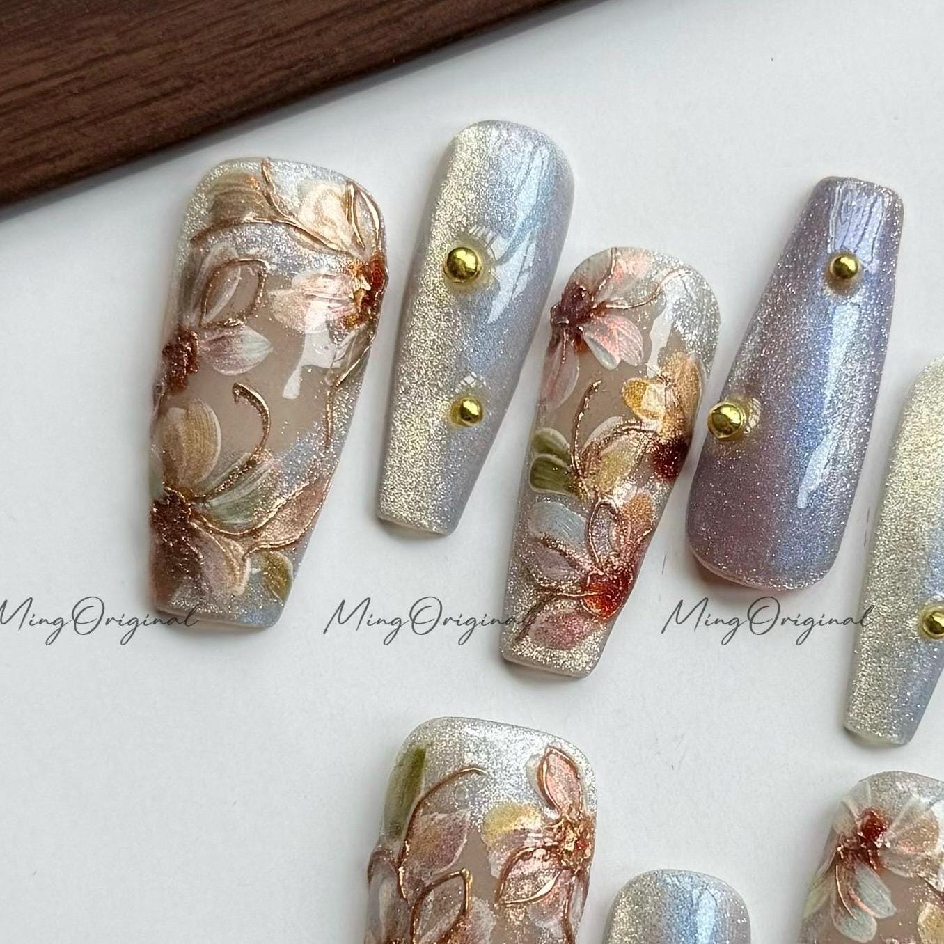 Pressed Floral in Bloom, Hand-painted 3D flowers, cateye shimmer nail, gold accents, Japanese art nails, gift for Christmas,MO556