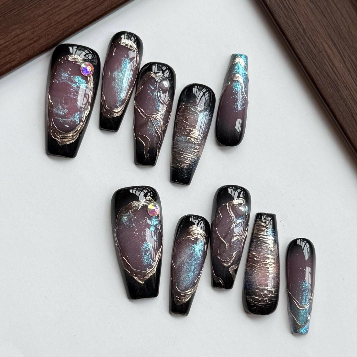 Obsidian Rift Galaxy black chrome art press on nail, nail artist fake nails,  ethereal blue aura shimmer press ons, gift for her, MO582