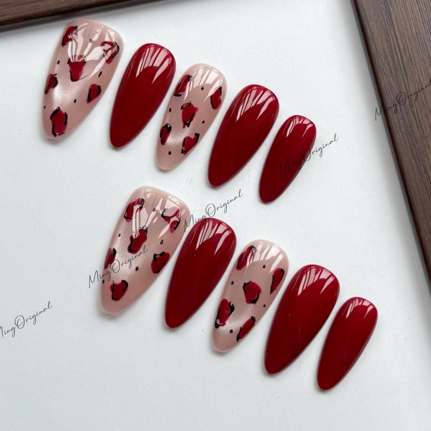Cherry red press on nails, leopard prints on cat eye nail, elegant nail, glue on nail, velvet red Fake Nails, Gifts for Her,MO557