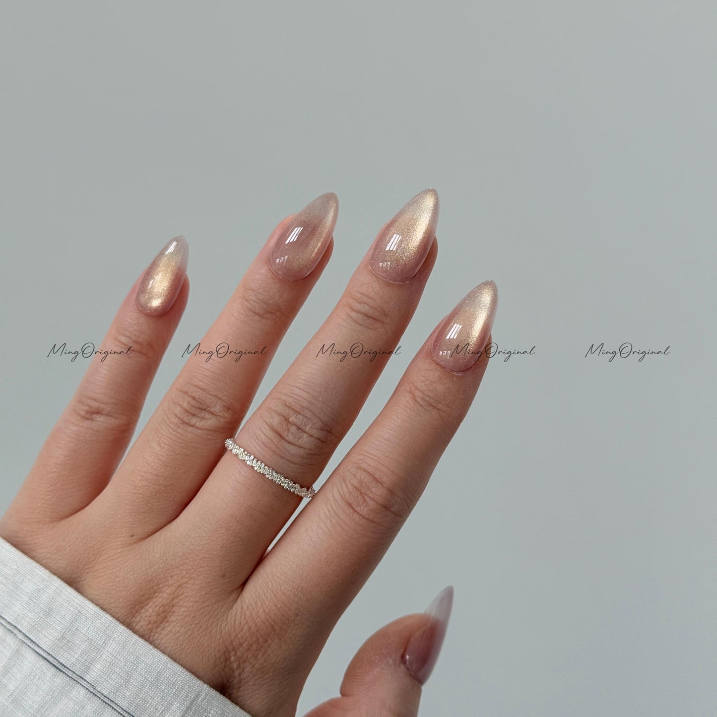 Simple see through super pale nude purple tone glass look cat eye, semitransparent magnetic cat eye press on nails, glitter fake nail, MO583