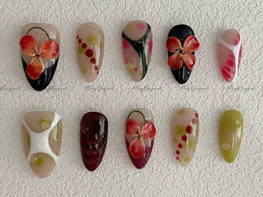 Bloomcore | 3D floral press on nails, hand-painted red flowers, abstract garden art, berry dot accents, vintage floral gift for her, MO558