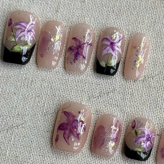Muse Garden | Purple floral press on nails, hand painted watercolor orchid garden design, black French tips, aura shimmer glaze, gift, MO559