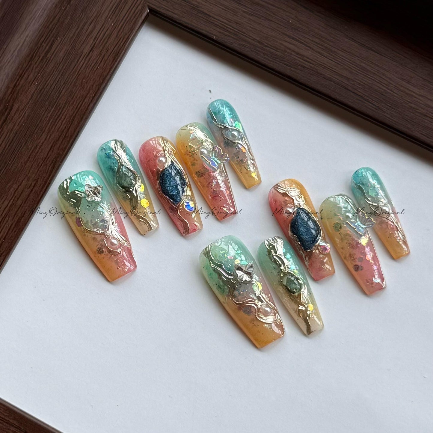 Ethereal Alloy | Sculptural press on nails, jelly aura base with chrome details, abstract gemstone accents, luxury glazed nail art, MO561