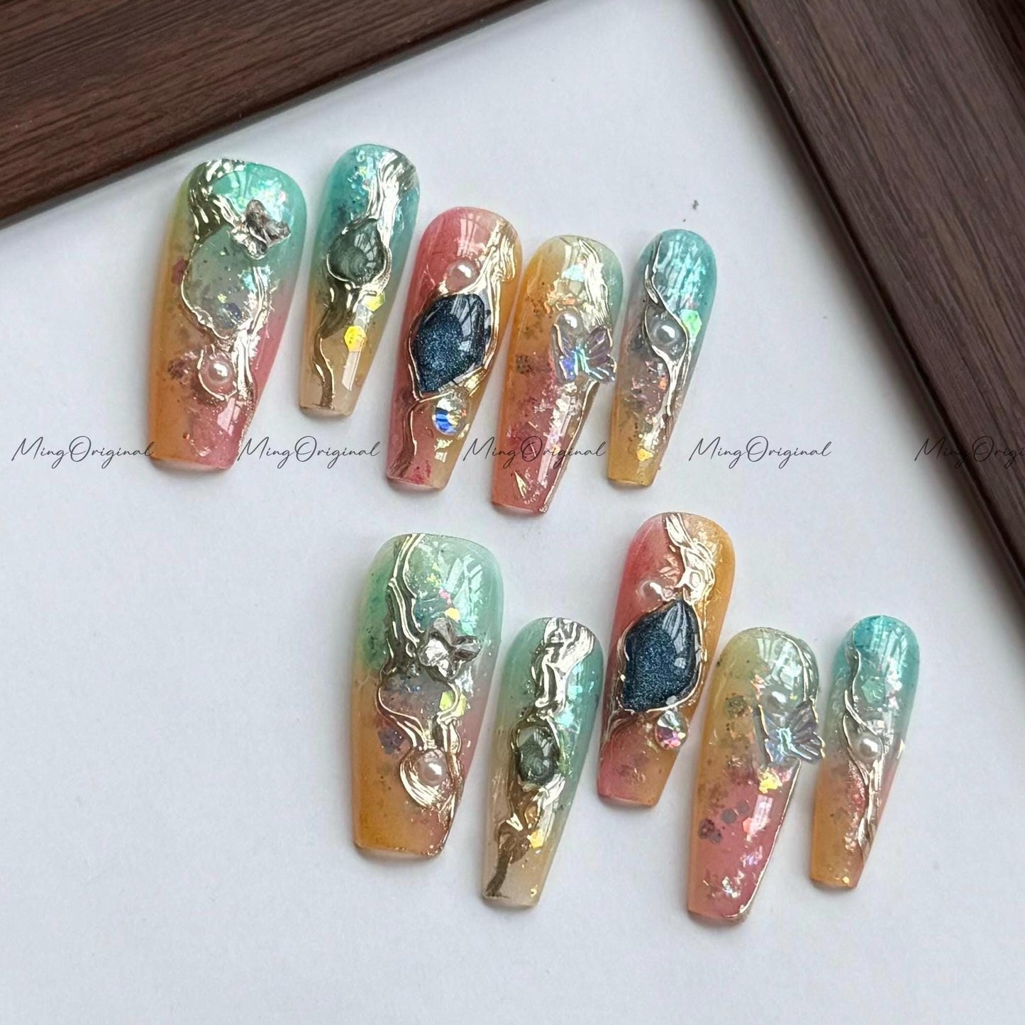Ethereal Alloy | Sculptural press on nails, jelly aura base with chrome details, abstract gemstone accents, luxury glazed nail art, MO561